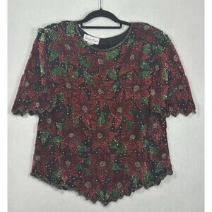 Laurence Kazar Silk Poinsettia Beaded Sequin Black Red Top Vtg 80s Size 1X EUC